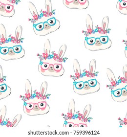 Bunny Vector Illustration pattern seamless, Rabbit and flowers
