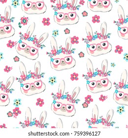 Bunny Vector Illustration pattern seamless, Rabbit and flowers
