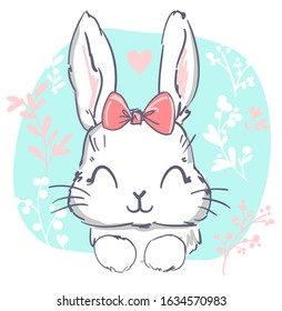 Bunny Vector stock illustration. Cute rabbit and bow. Childish print design for nursery, t-shirt, textile, background. 