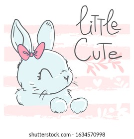 Bunny Vector stock illustration. Cute rabbit and bow on a striped pink background with floral decorative ornament. Childish print for textiles, t-shirts, background. Lettering- Little cute. 