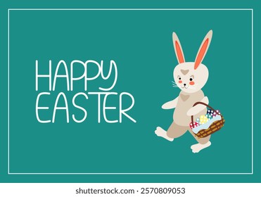 Bunny walking with basket of colorful eggs on green background with happy Easter lettering - vector illustration for design of cards, banners, packaging