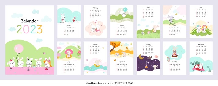 Bunny wall calendar 2023 new year. Kitchen calendars pages template with rabbits. Kid fun animals in different seasons. Cartoon rabbit for planner nowaday vector design