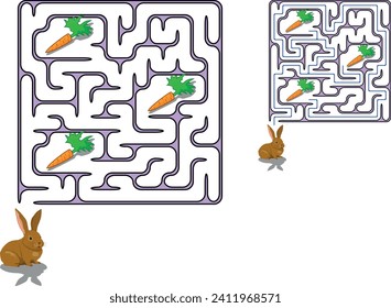 Bunny wants to eat. Please feed the hungry pet. Help rabbit pass through maze to find 3 carrots. Game for kids and parents. Family activity.