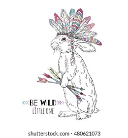 bunny in war bonner with arrows, native american poster, animal illustration