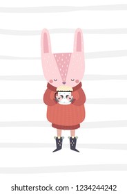 Bunny in a warm sweater with the cup of hot chocolate. Vector illustration in a Scandinavian style.