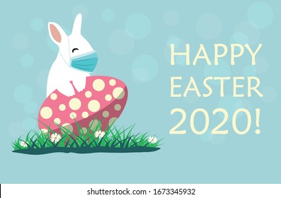 Bunny wearing a face mask against covid-19. Easter greeting card. Coronovirus alert for Easter 2020.