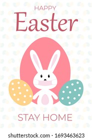 Bunny wearing a face mask against covid-19. Easter greeting card. Coronovirus alert for Easter 2020.