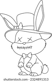 Bunny wearing hat with sad expression line art