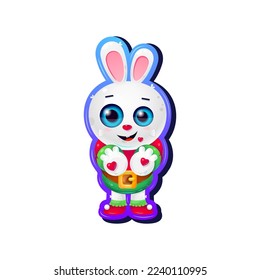 The bunny is white, cheerful, stretched out its arms and gives hearts. Hugs. Cute cartoon character design. Sticker. Vector illustration.