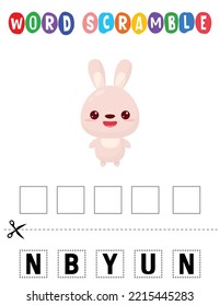 Bunny Word scramble . Educational game for kids. English language spelling worksheet for preschool children