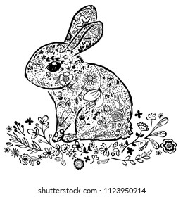 Bunny Wreath, Black & White Outline, Wild Flowers, freehand, tattoo, spring, illustration, summer, Easter, cute, rabbit, sketch, cartoon, unique, drawing, animal, leaf, decorative, coloring, Holiday