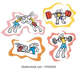 Bunny wrestling and weightlifting. Great for t-shirt designs and other designs. Vinyl-ready.