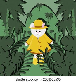 A bunny in yellow raincoat, hat and boots in a tropical forest. Postcard with the symbol of 2023 in the tropics among palm trees, tropical leaves and mountains. New Year concept for warm countrie.