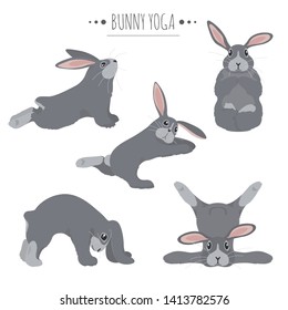 Bunny yoga poses and exercises. Cute cartoon clipart set. Vector illustration