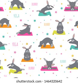 Bunny yoga poses and exercises. Cute cartoon seamless pattern design. Vector illustration