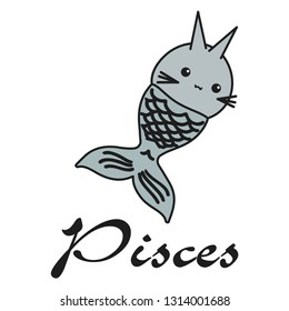 Bunny is the zodiac sign of Pisces in a cartoon style. Vector illustration on white background. With signed zodiac sign