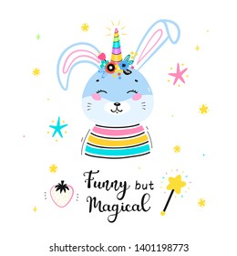 Bunnycorn. Magic Cute Unicorn Bunny with Flower Horn and "Funny but Magical" quote Vector Illustration. Kawaii Rabbit or Hare t-shirt Print, Baby Shower Card, Nursery Poster, Birthday