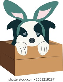 Bunny-Eared Dog In Cardboard Box Peeking hand drawn