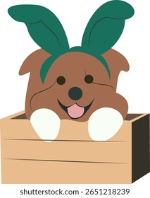 Bunny-Eared Dog Wooden Box Easter Peeking hand drawn