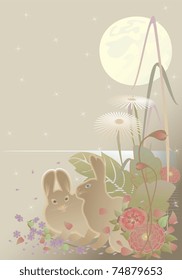 bunny,flowers,moon,postcard