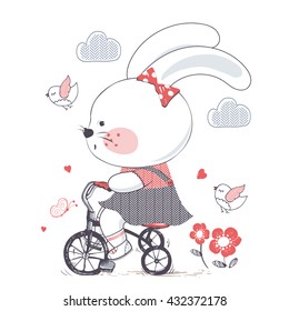 Bunny/hand drawn vector illustration of Cute Bunny girl Riding a Bicycle/Tricycle/can be used for kid's or baby's shirt design/fashion print design/fashion graphic/t-shirt/kids wear