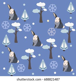 Bunny/Hare Pattern with pine, spruce trees and snowflakes. Vector Illustration. Winter/Merry Christmas Collection. 