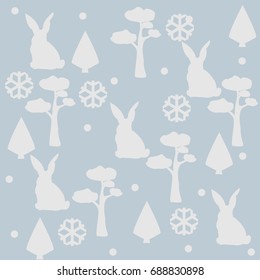Bunny/Hare Pattern with pine, spruce trees and leafs. Winter/Merry Christmas Collection. Vector Illustration.