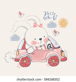 bunny.rabbit in car.hand drawn vector illustration.can be used for kid's or baby's shirt  design,fashion graphic, kids wear, baby shower card,celebration card,greeting card, invitation card