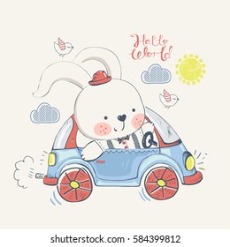 bunny.rabbit in car.hand drawn vector illustration.can be used for kid's or baby's shirt  design,fashion graphic, kids wear, baby shower card,celebration card,greeting card, invitation card