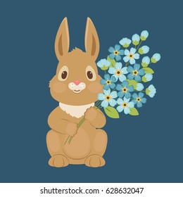 Bunny/rabbit with forget-me-not flowers. Blank greeting card template. Vector illustration