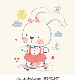 bunny/rabbit on skateboard/hand drawn vector illustration/can be used for kid's or baby's shirt design/fashion graphic/ kids wear/ baby shower card/celebration card/ greeting card/ invitation card