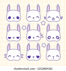 Bunny's happy emotions sticker set. Kawaii style character design. Cute clip art in pastel colors.