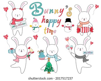 Bunny's happy time Designed in doodle style in vibrant colors for cards, stickers, t-shirt designs, key chains, digital paper, printed fabrics, cushions, Merry Christmas, decorations, mugs, blankets 