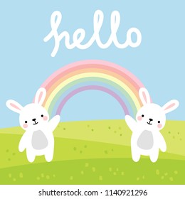 Bunnys love vector print, rabbit with rainbow and hello write cartoon illustration, baby shower card, greeting or valentine card, kids cards for birthday poster or banner, cartoon invitation