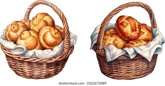 Buns en una cesta clipart, ilustración vectorial aislada.