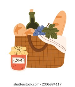 Bungalos, Pan Y Mermelada En Ilustración De Vectores De Cesta De Picnic