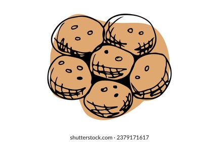Buns bread , vector illustration . Hand drawn sketch food illustration ,doodle flat style for various design projects such as advertising for bakery, cookbook, packaging and other design uses. Bakery