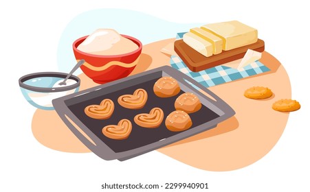 Bollos y galletas en una hoja de cocción. Ingredientes hormigueros. Pasteles caseros. Dibujo vectorial plano de dibujos animados.