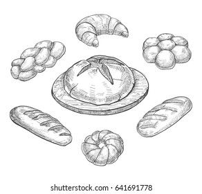 Buns, croissant, loaf, bread, baking isolated on white background. Vector illustration of a sketch style.