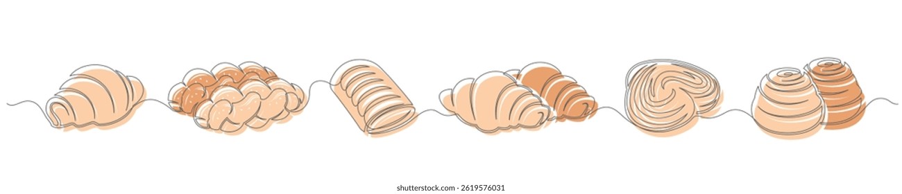 Bollos, croissants y panadería continua de una línea de dibujo conjunto aislado en un fondo blanco. Anuncio Horizontal. Esquema de colecciones marrones de panadería. Ilustración vectorial