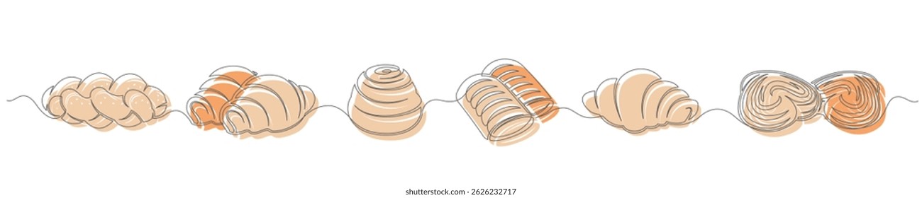 Buns, croissants and bakery continuous one line drawing set isolated on a white background. Horizontal banner. Outline bakery brown collections. Vector illustration