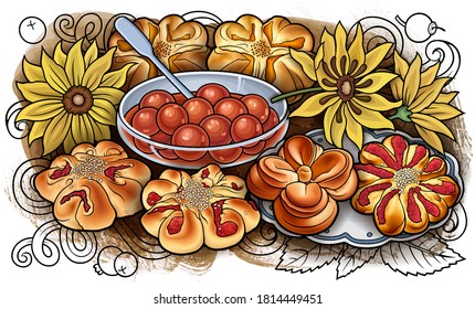 Buns, flowers, jam hand drawn vector doodle illustration. Bake shop object elements, cartoon background. Bright colors funny food picture