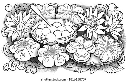 Buns, flowers, jam hand drawn vector doodle illustration. Bakery object elements, cartoon background. Line art funny food picture