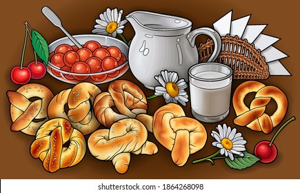 Buns, flowers, milk, napkins, berries hand drawn vector doodle illustration. Bakery objects and elements cartoon background. Bright colors funny food picture