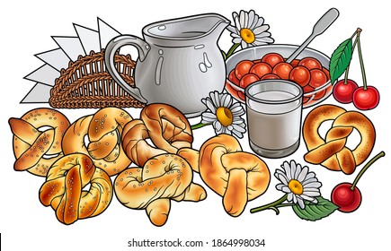 Buns, flowers, milk, napkins, berries hand drawn vector doodle illustration. Bakery objects and elements cartoon background. Bright colors funny food picture