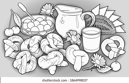 Buns, flowers, milk, napkins, berries hand drawn vector doodle illustration. Bakery objects and elements cartoon background. Bright colors funny food picture