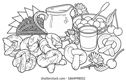 Buns, flowers, milk, napkins, berries hand drawn vector doodle illustration. Bakery objects and elements cartoon background. Bright colors funny food picture