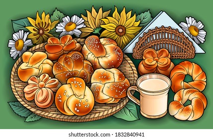 Buns, flowers, milk, napkins hand drawn vector doodle illustration. Bakery objects and elements cartoon background. Bright colors funny food picture