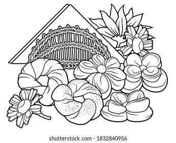 Buns, flowers, napkins hand drawn vector doodle illustration. Bakery objects and elements cartoon background. Funny food picture