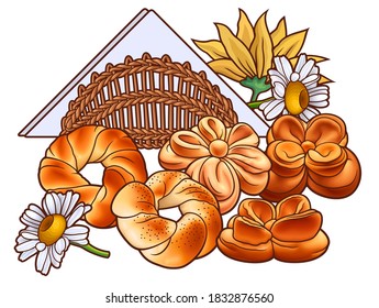 Buns, flowers, napkins hand drawn vector doodle illustration. Bakery objects and elements cartoon background. Bright colors funny food picture